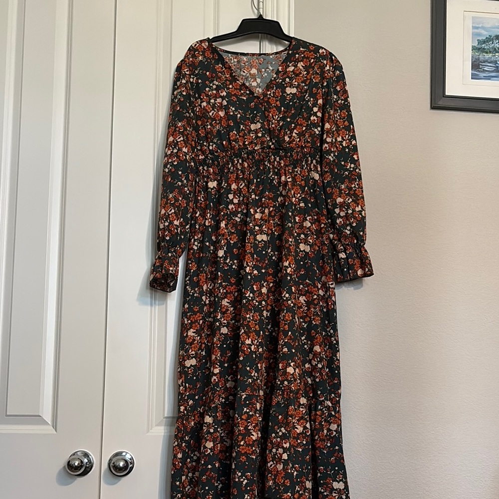 Brown V-Neck Long Sleeve Sundress
